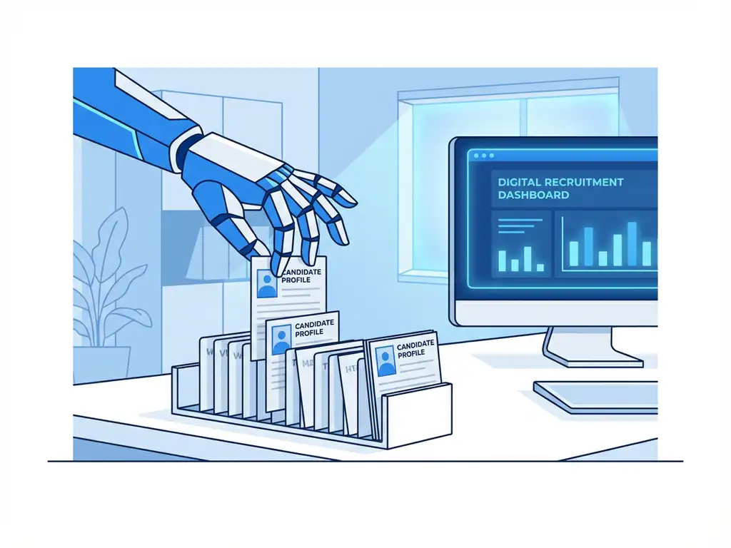 Robotische hand plaatst kandidaatprofielen in georganiseerde mappen op modern bureau met recruitment dashboard