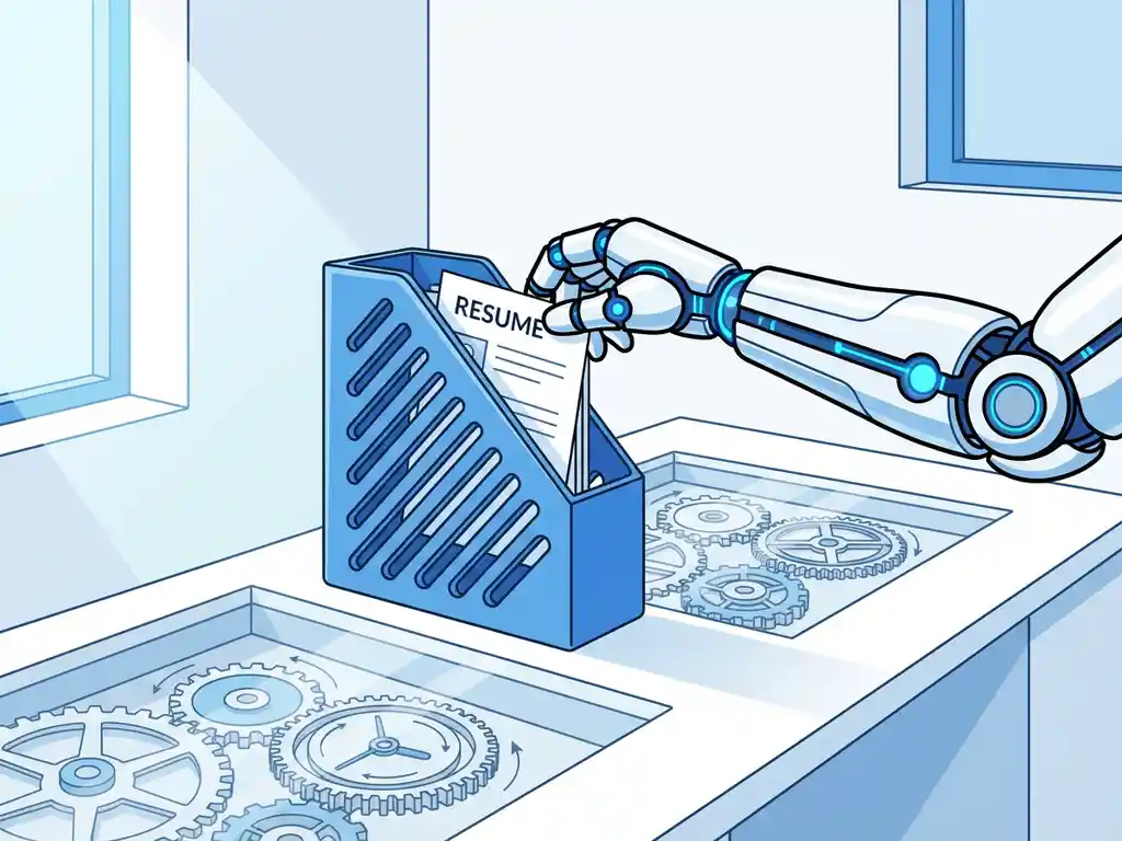 Robotische hand plaatst cv's in blauwe archiefsysteem op wit bureau, geautomatiseerde werving in minimalistische kantooromgeving