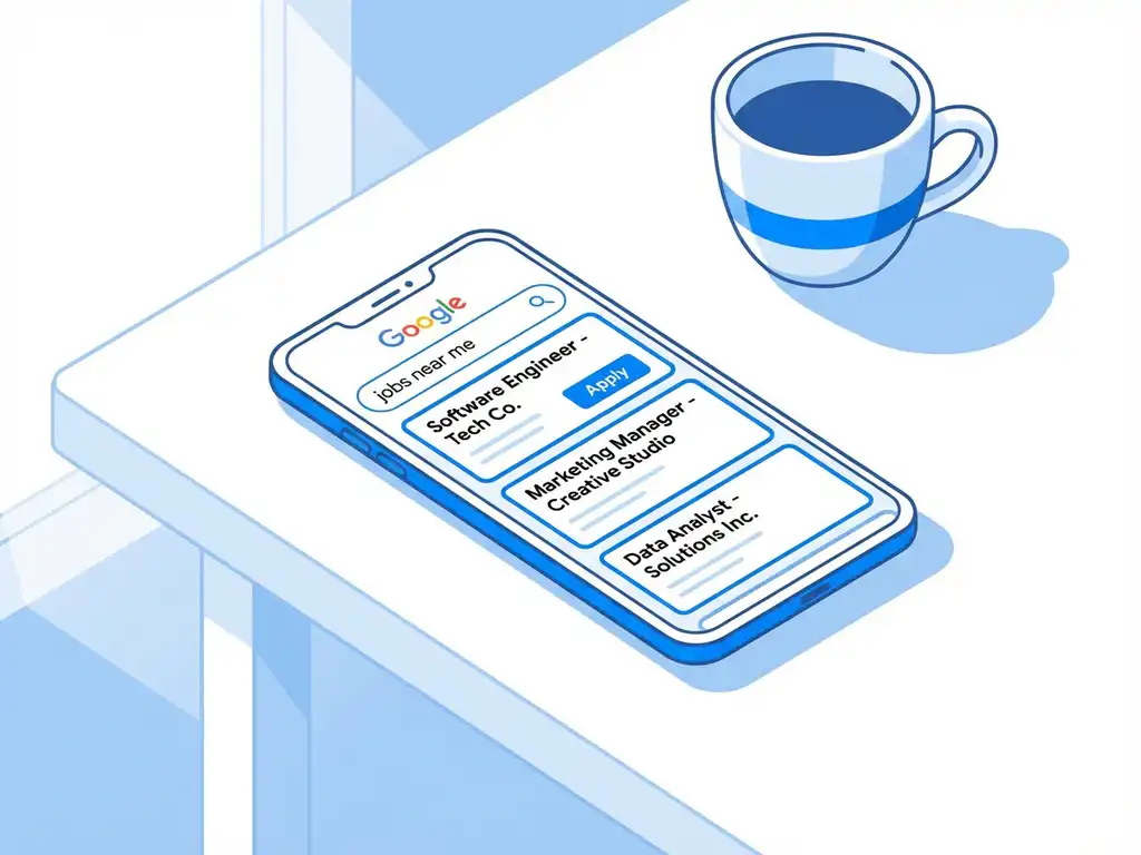 Smartphone toont Google zoekresultaten voor vacatures op wit bureau naast koffiekop, vectorillustratie