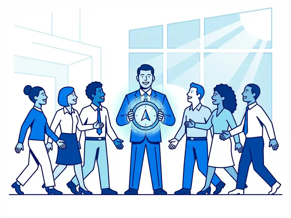 Professionele recruiter met kompas trekt diverse kandidaten aan in moderne kantooromgeving met natuurlijk licht