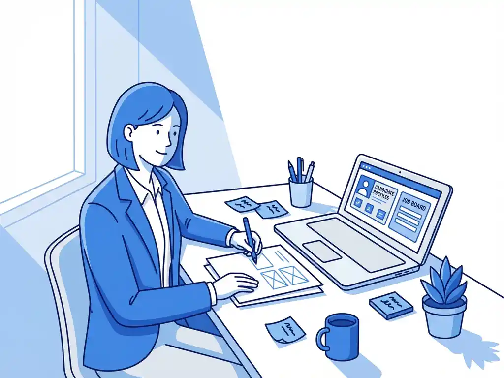 Professionele designer schetst wireframes voor wervingswebsite aan wit bureau met laptop en blauwe accessoires