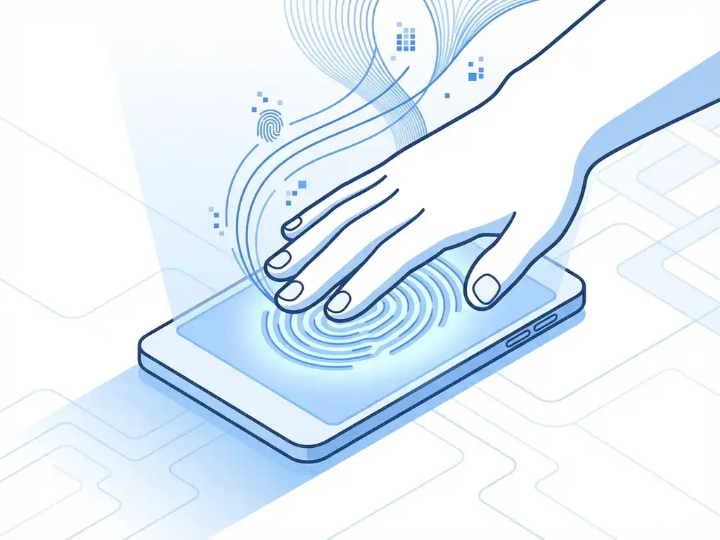 Hand met vingerafdruk wordt gescand door digitaal apparaat met blauwe gloed en datastroom op witte achtergrond