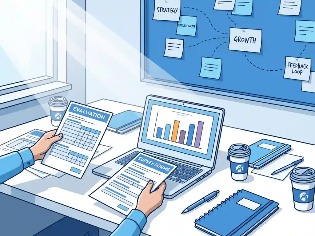 Professionele werkruimte met handen die employer branding documenten organiseren, laptop met kleurrijke grafieken zichtbaar