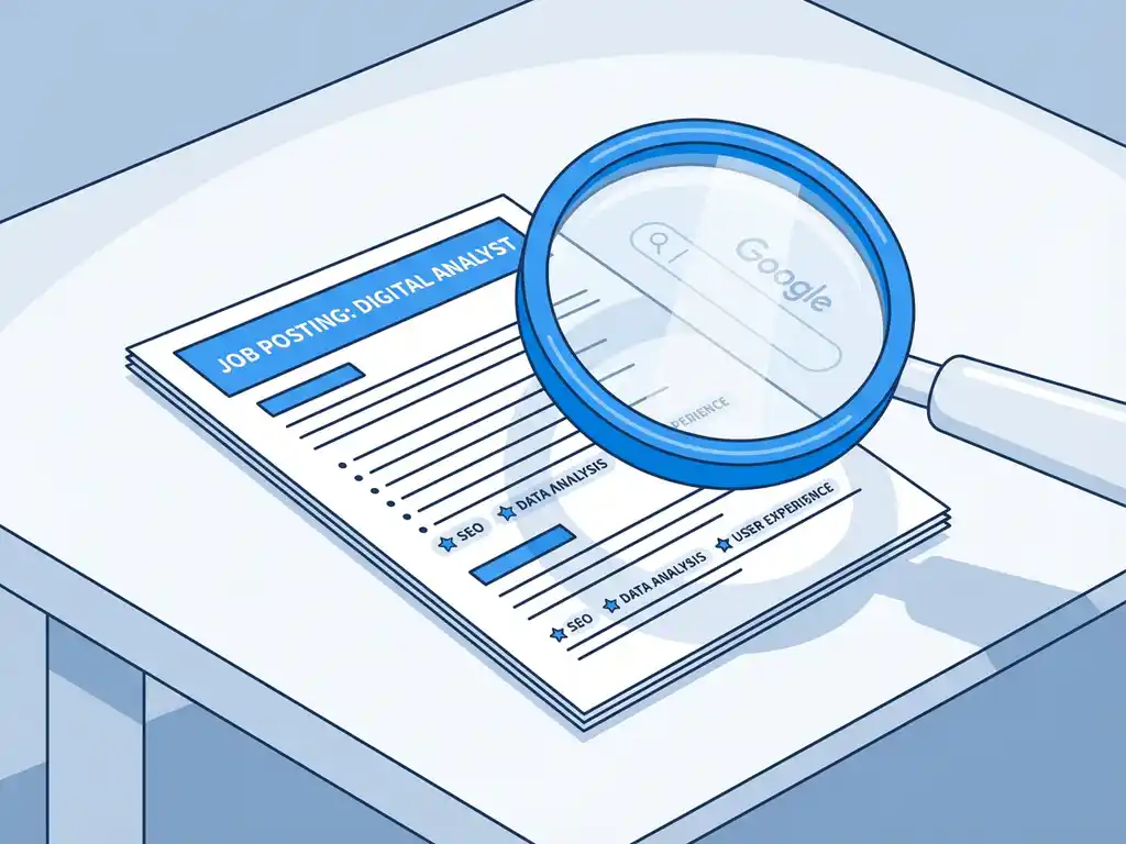 Vergrootglas over gedetailleerd vacature document met SEO-elementen en sterrenbeoordelingen op wit bureau