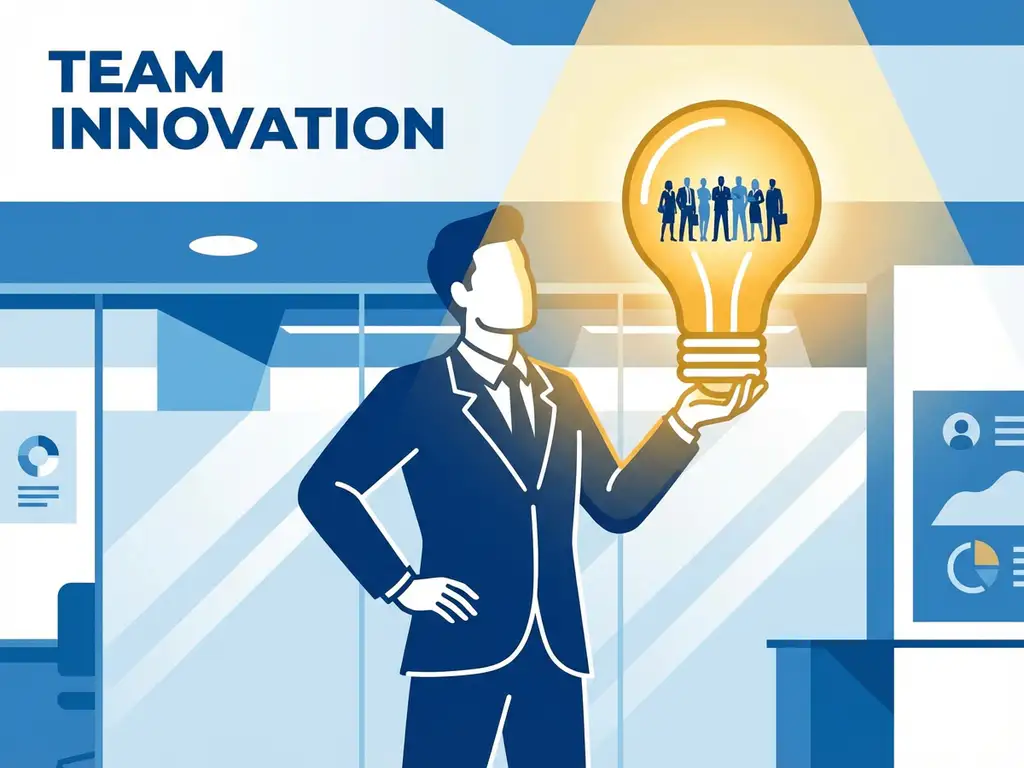 Zakenvrouw houdt gloeiende lamp met diverse werknemers in modern kantoor, vectorillustratie