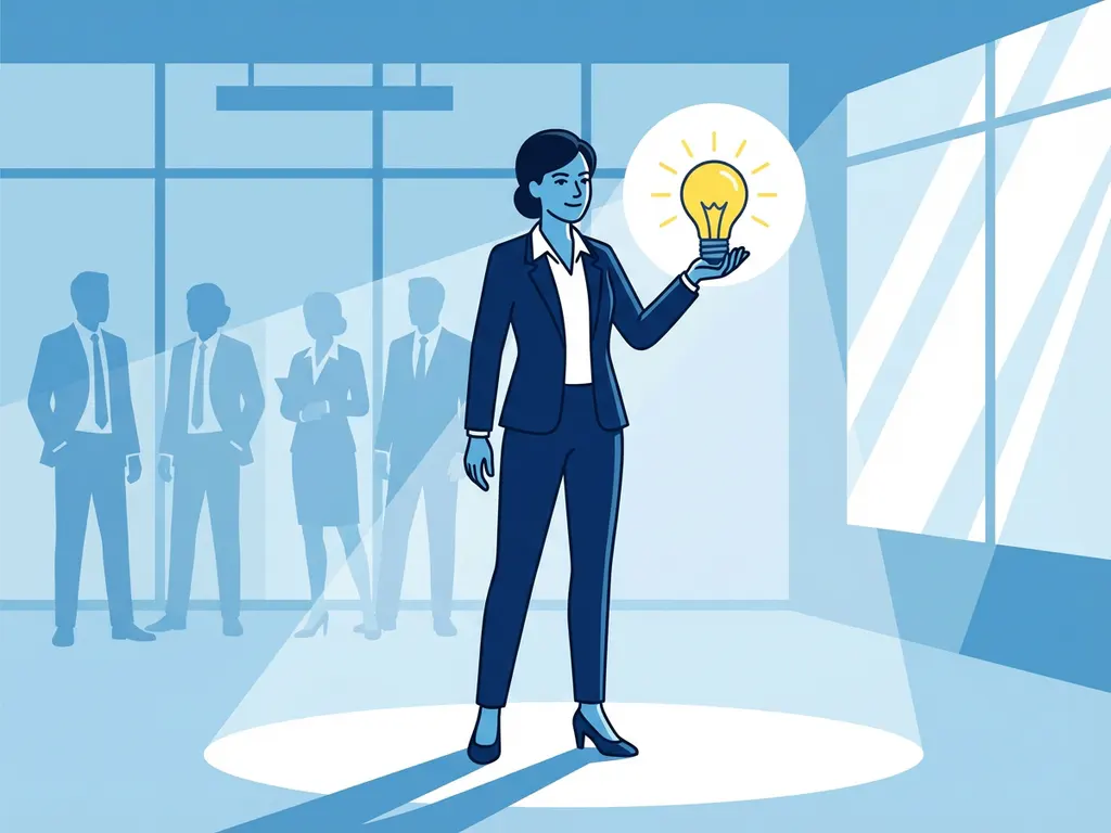 Zakelijke professional houdt gloeiende gloeilamp vast, verlicht gezicht, kantooromgeving met collega's op achtergrond