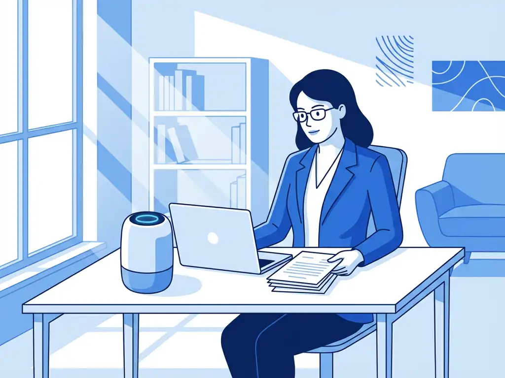 Zakenvrouw bekijkt documenten aan bureau met AI-assistent apparaat, moderne kantooromgeving met natuurlijk licht