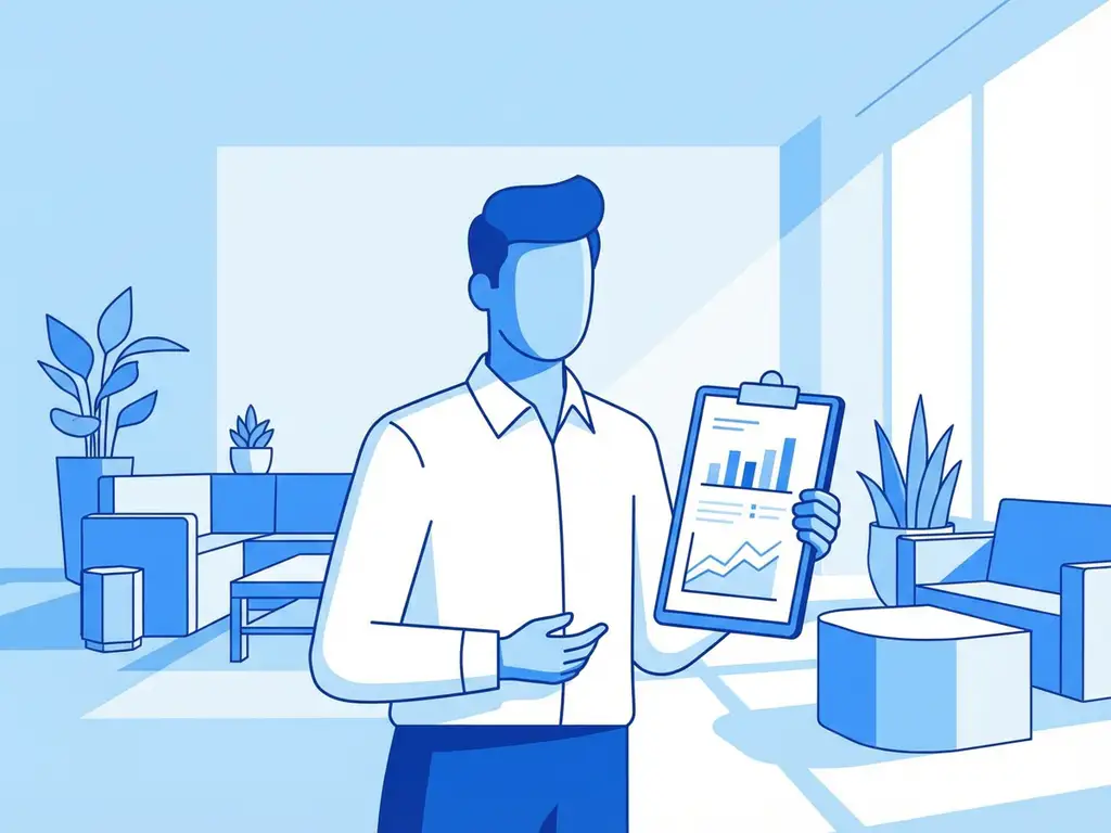 Professionele zakenvrouw met klembord vol grafieken staat zelfverzekerd in modern kantoor met blauw-wit kleurenschema