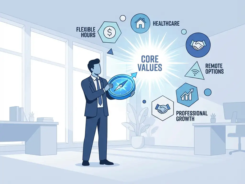 Zakenpersoon houdt gloeiend blauw kompas vast dat naar licht wijst, omringd door geometrische vormen in kantooromgeving