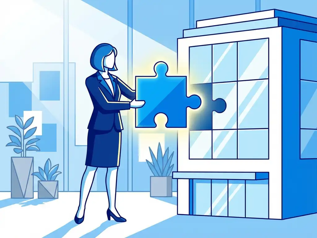 Zakenvrouw in blauwe blazer plaatst gloeiend puzzelstuk in wit bedrijfsgebouw, kantooromgeving met natuurlijk licht