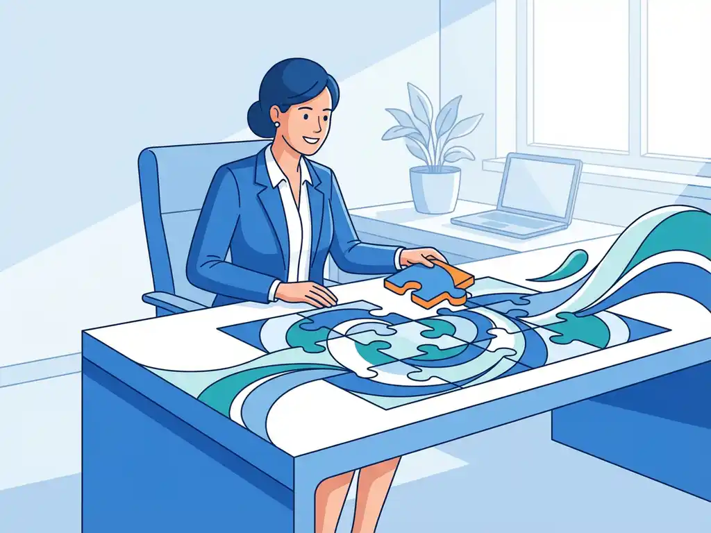 Professionele zakenvrouw houdt puzzelstuk dat past in organisatiepuzzel, illustratie in blauwe kantooromgeving