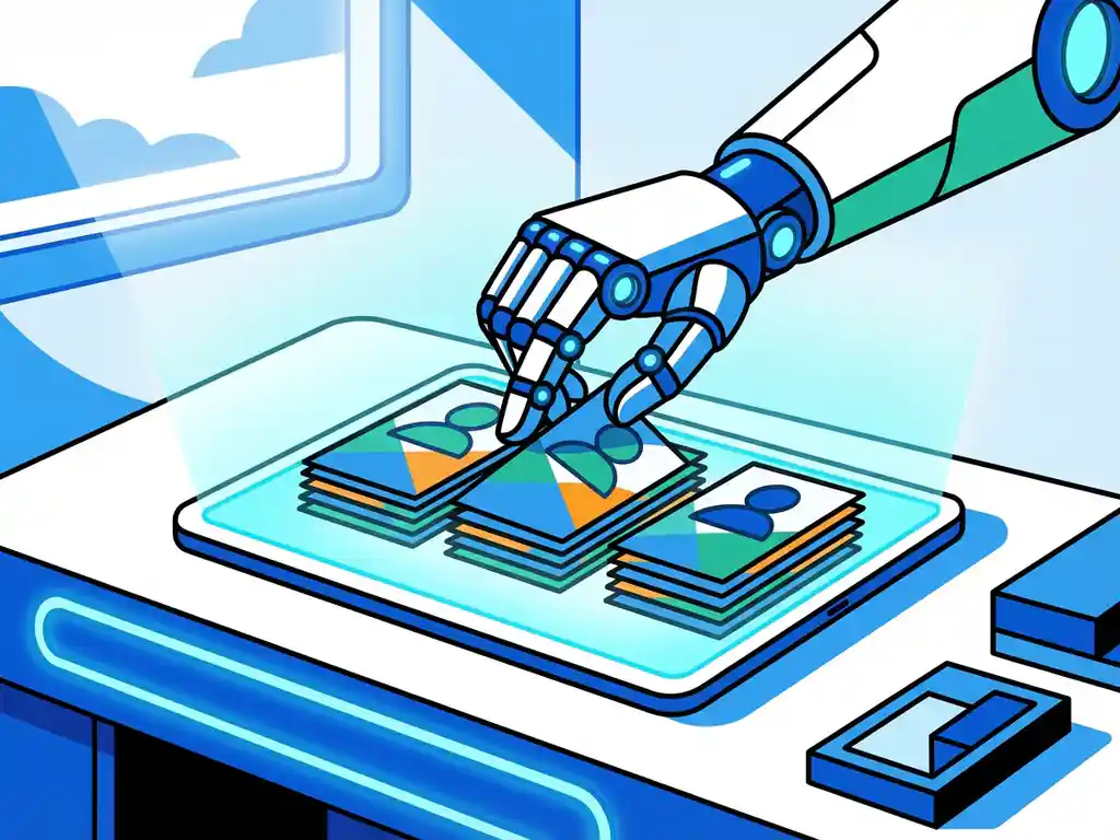 Digitale tablet toont kleurrijke kandidaatprofielen die automatisch worden gesorteerd door robothand op wit bureau