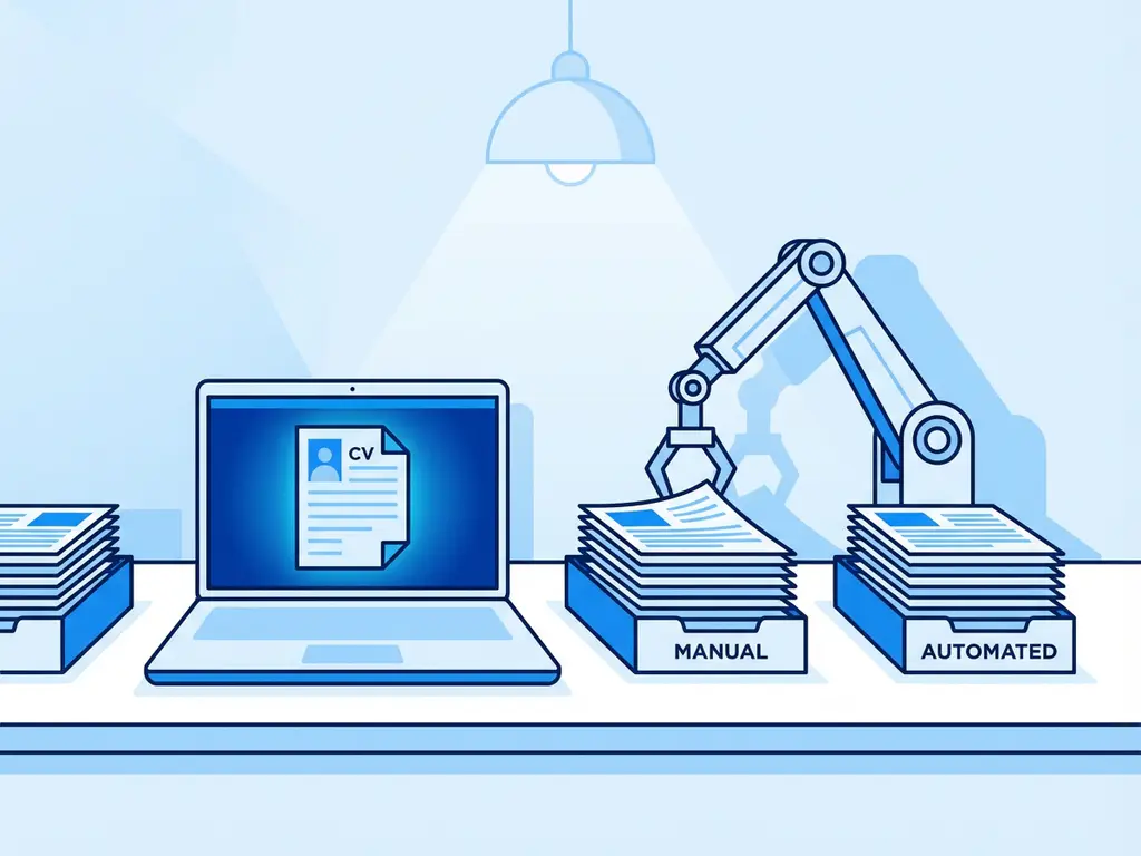 Moderne laptop met digitaal cv op scherm en robotarm die papieren cv's sorteert op minimalistische kantoorbureau