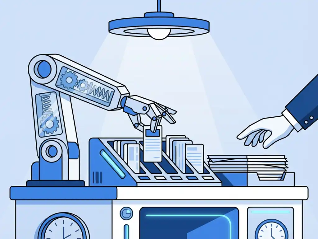 Robotarm plaatst cv's in georganiseerde vakken terwijl HR-manager gesorteerde stapel sollicitaties vastpakt