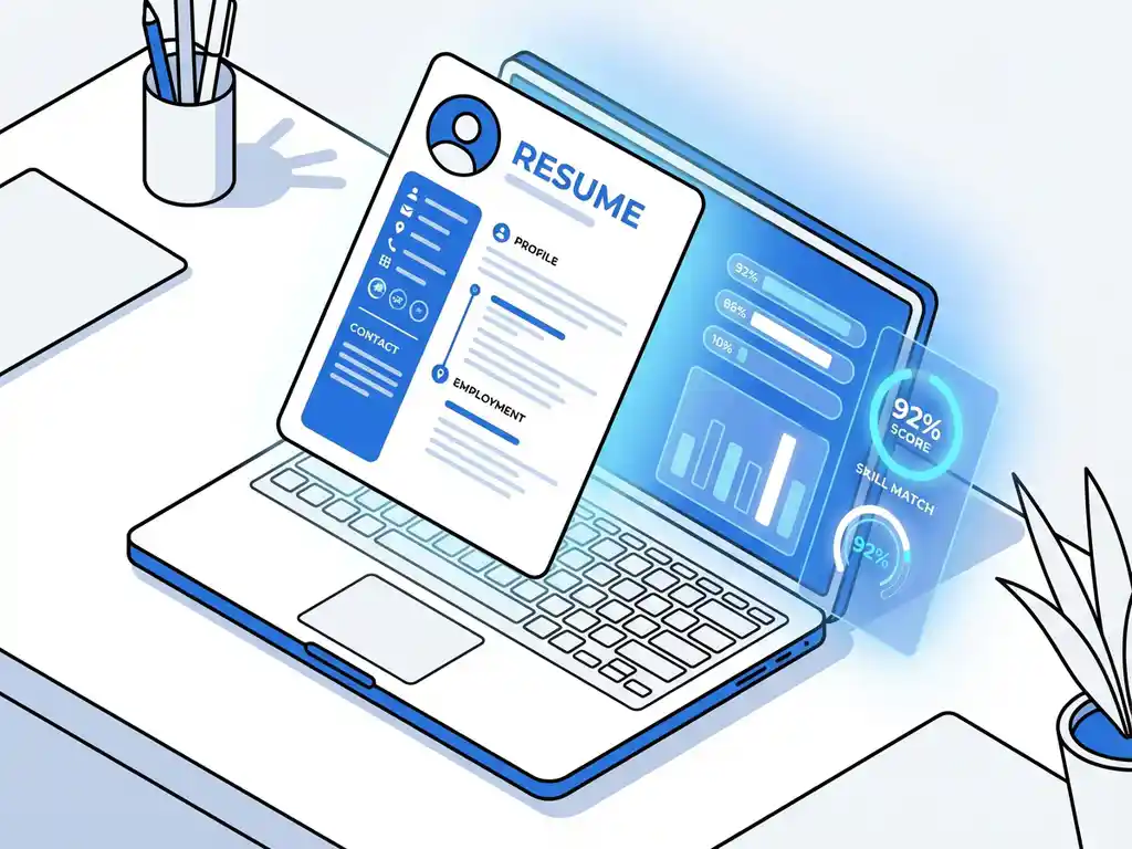 Digitaal cv-document boven laptop met geanimeerde beoordelingsgrafieken in blauw-wit vectorstijl op schone werkplek