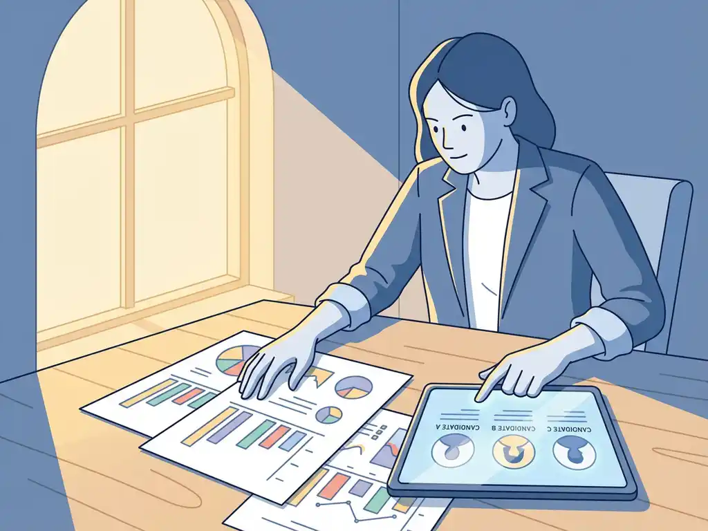 Professional persoon analyseert kleurrijke datagrafieken en kandidaatprofielen op tablet aan bureau