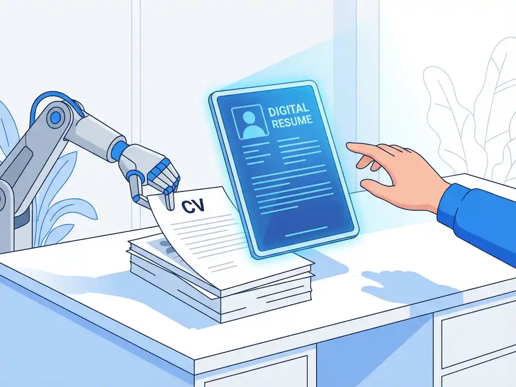 Tablet met digitaal cv boven stapel papieren cv's, robothand sorteert documenten terwijl menselijke hand tablet aanraakt