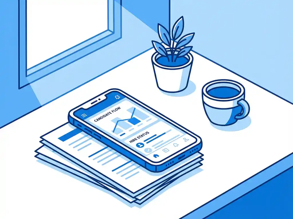 Smartphone met digitaal recruitmentdashboard op stapel papieren cv's, koffiemok en plant op wit bureau