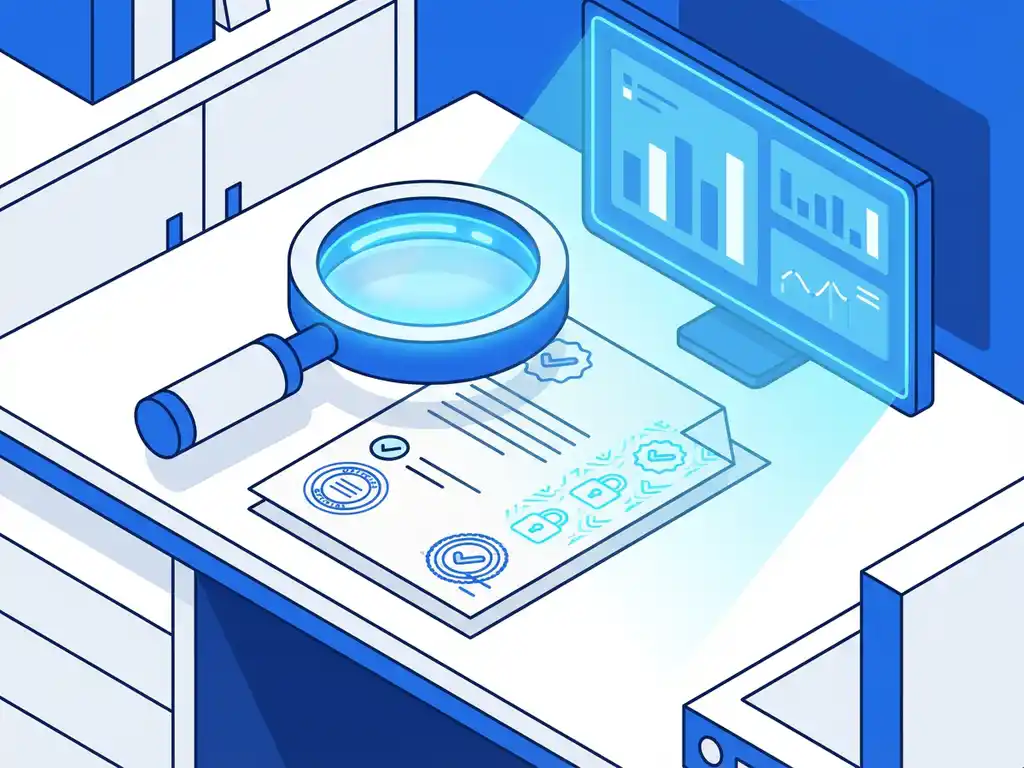 Vergrootglas boven officieel document met stempels en vinkjes, computerscherm met grafieken op achtergrond