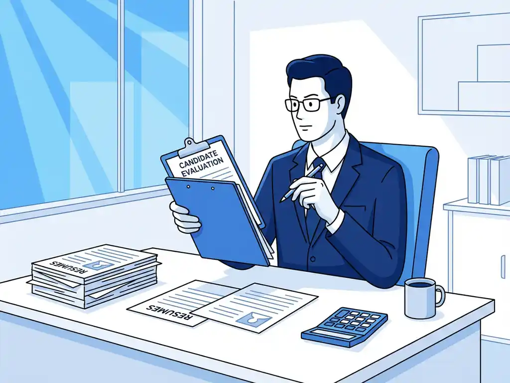 Professionele persoon beoordeelt sollicitanten met klembord en cv's op georganiseerd kantoorbureau