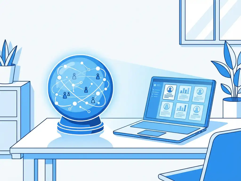 Kristallen bol met datapatronen op recruiter bureau naast laptop met kandidaatprofielen in modern kantoor