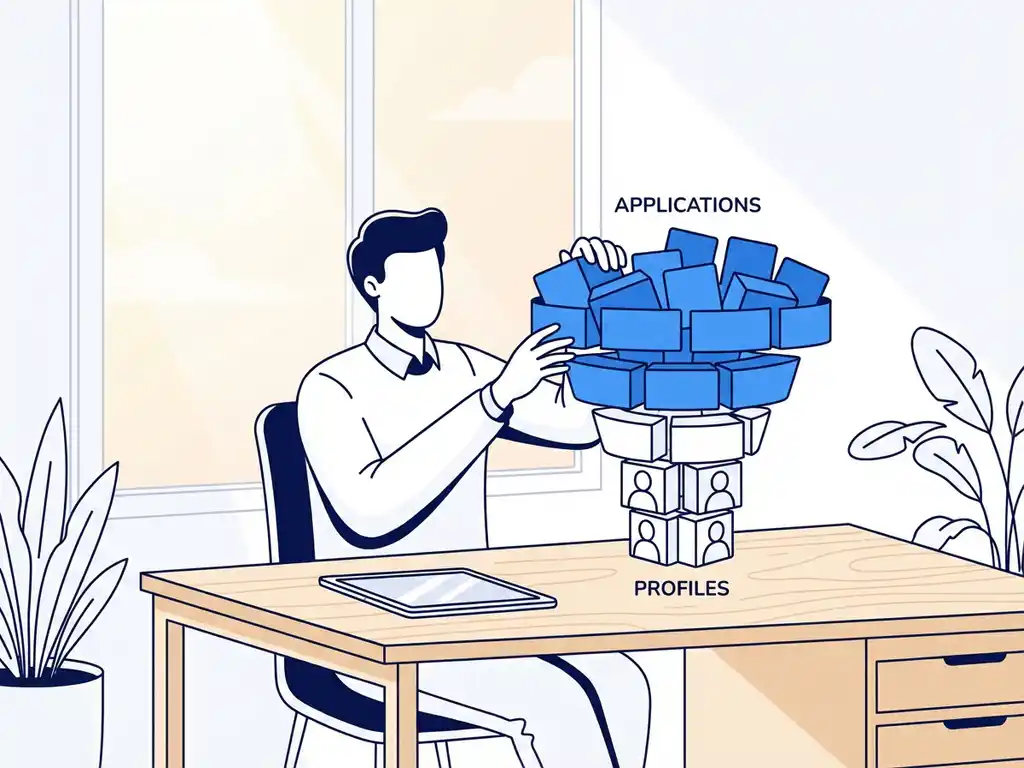 Professionele recruiter optimaliseert kleurrijke conversietrechter van blauwe sollicitaties naar witte kandidaatprofielen op bureau