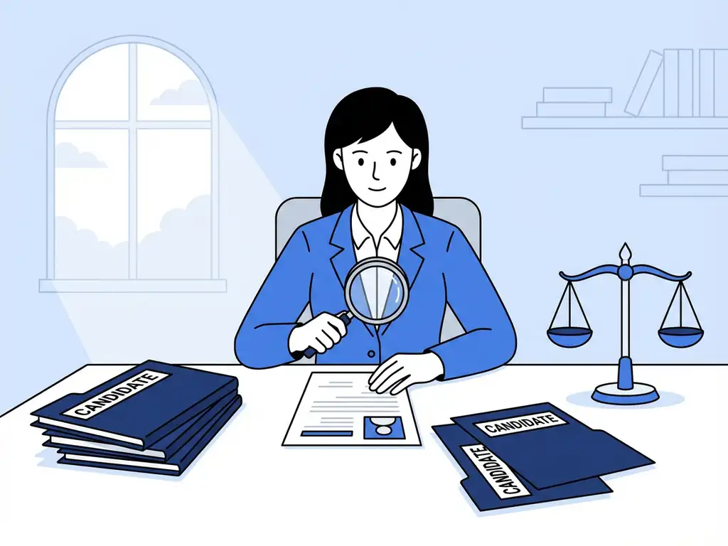 Professionele recruiter onderzoekt cv met vergrootglas aan wit bureau met sollicitatiemappen en weegschaal