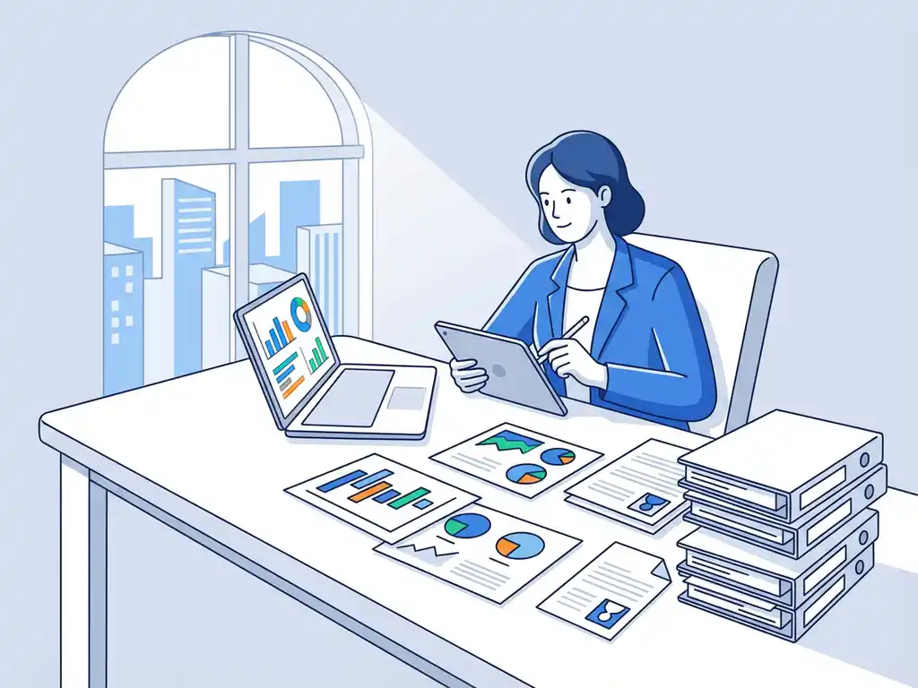 Professionele recruiter analyseert kleurrijke datavisualisaties en grafieken op laptop aan moderne werkplek met cv's