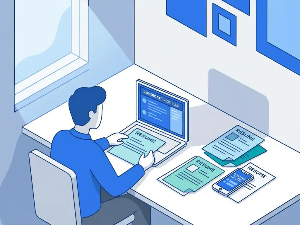 Professionele recruiter bekijkt kandidaatprofielen op laptop met cv's en recruitment app op modern bureau