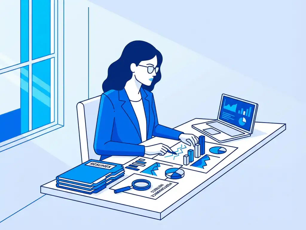 Professionele analist bestudeert wervingsgrafieken en datavisualisaties op laptop naast cv-mappen op bureau