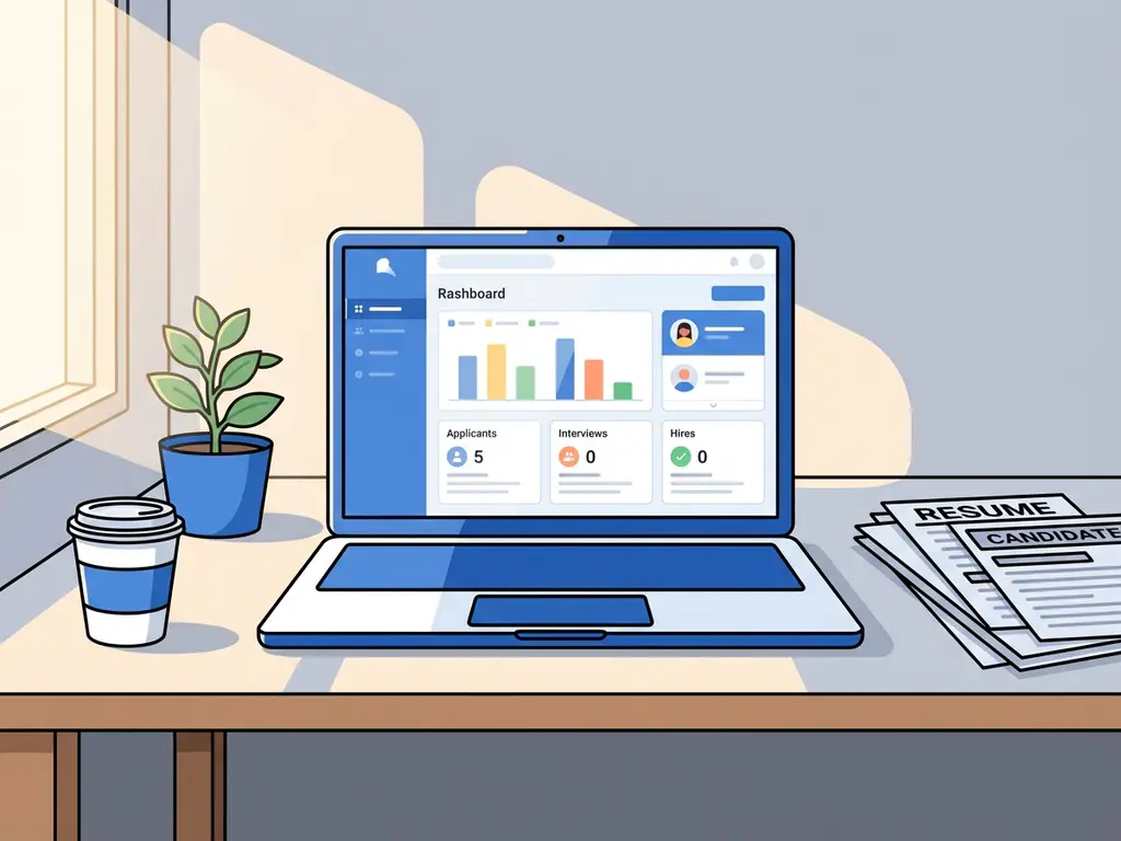 Laptop met kleurrijk recruitment dashboard op professioneel bureau met cv-stapel, plant en koffiekop