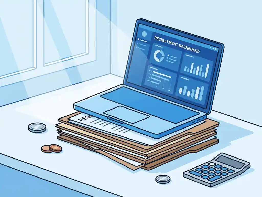 Laptop met wervingsdashboard op stapel cv's, calculator en munten op bureau suggereren recruitmentbudget