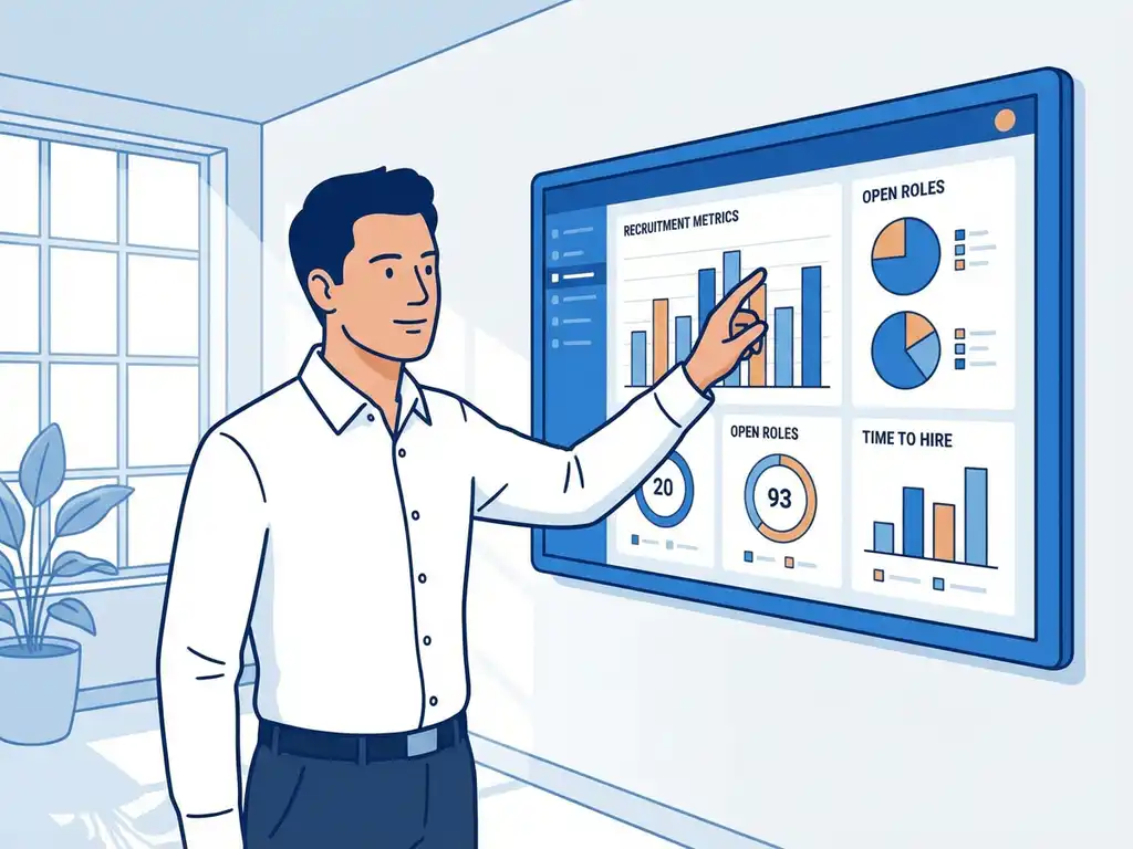 Zakenpersoon wijst naar blauw dashboard met wervingsstatistieken en grafieken op kantoorwand