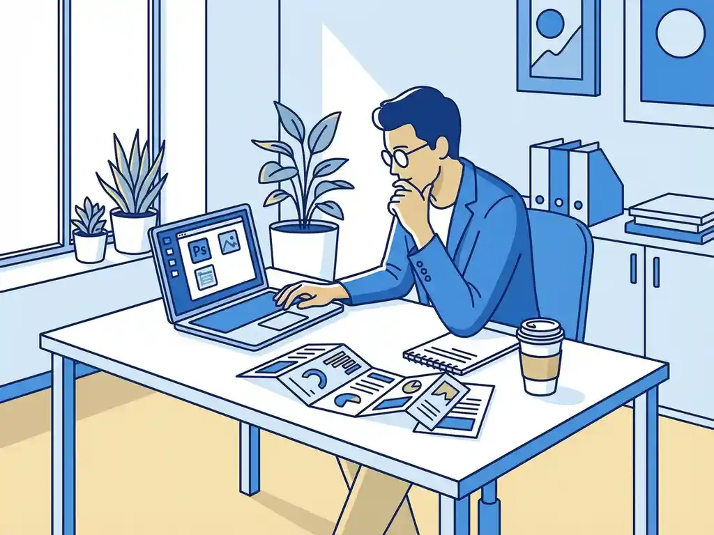 Professionele persoon vergelijkt software op laptop met kleurrijke brochures en vergelijkingstabellen op wit bureau