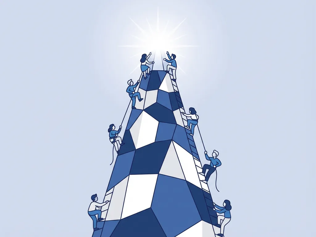 Blauwe trechter met mensen die ladders gebruiken om naar licht bovenaan te klimmen, vectorillustratie