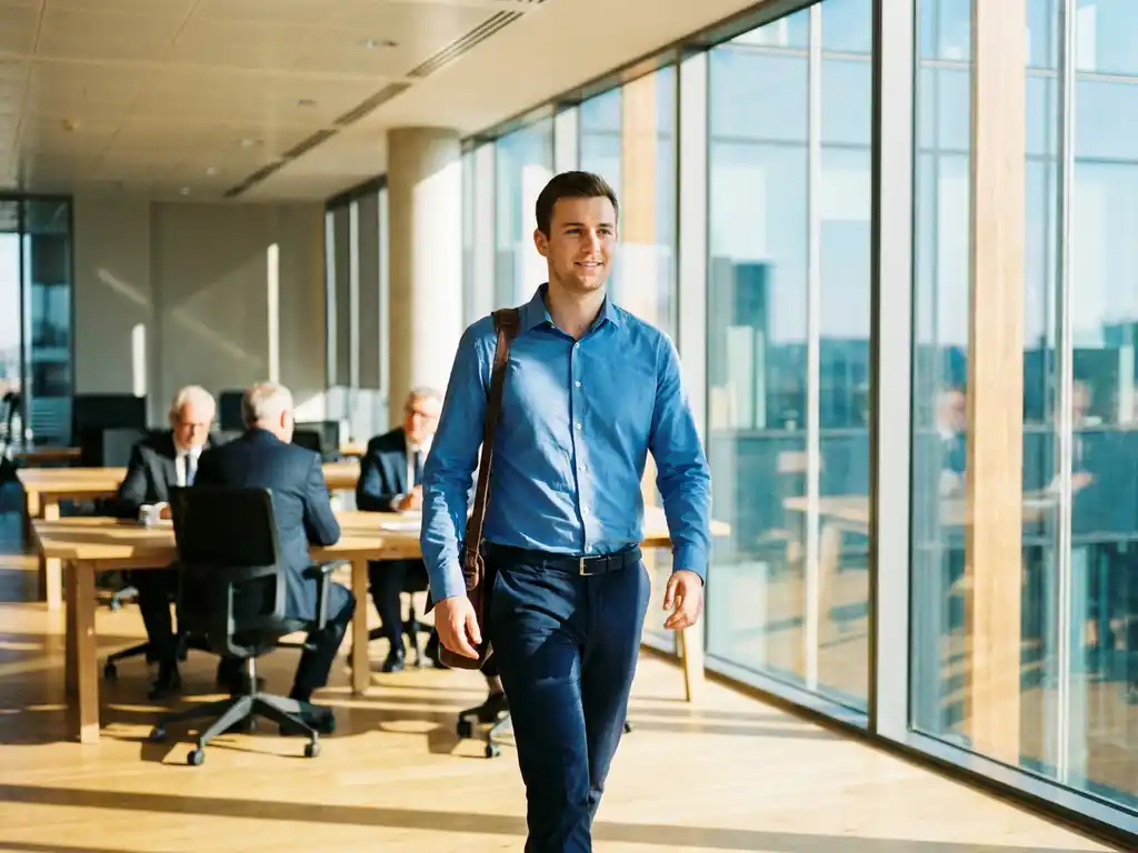 Jonge professional in blauw overhemd loopt zelfverzekerd door modern kantoor met natuurlijk licht en collega's aan bureaus