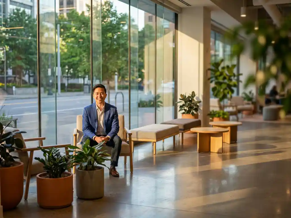 Glimlachende kandidaat in blauwe blazer zit zelfverzekerd in moderne kantoorlobby met grote ramen en natuurlijk licht
