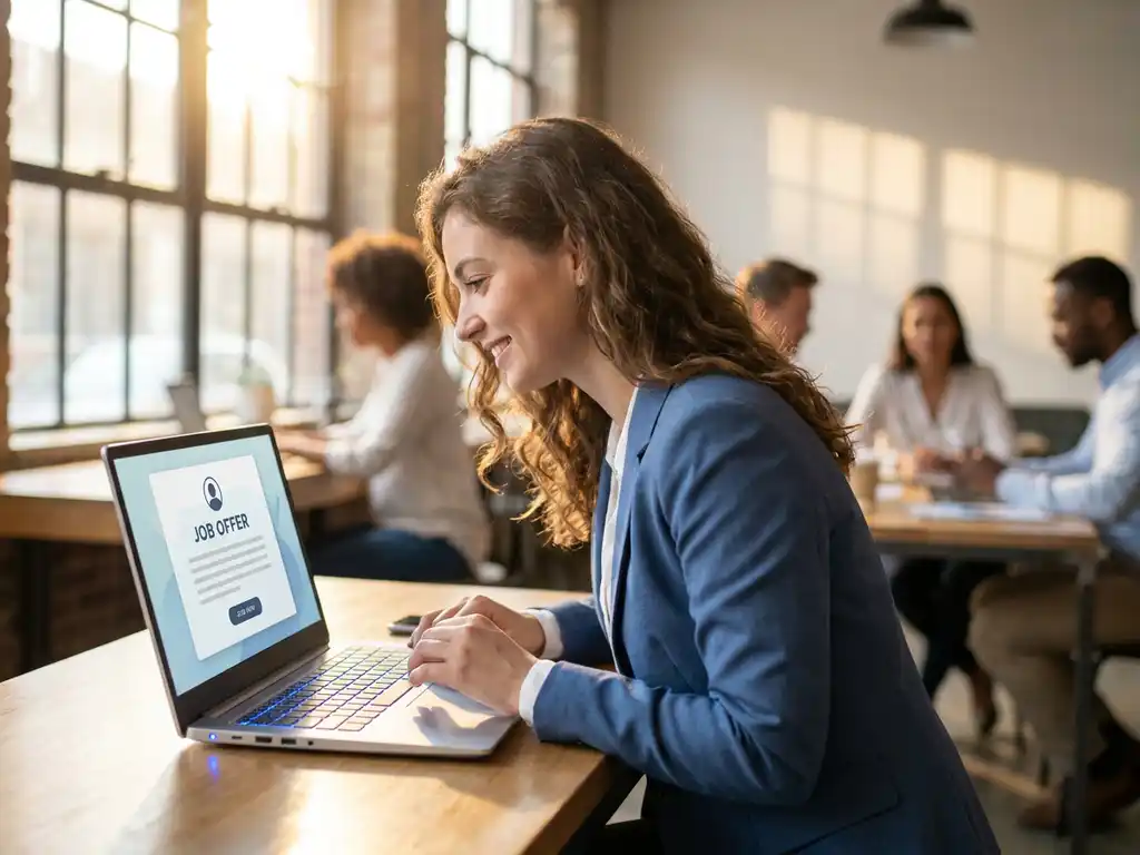 Jonge professionele vrouw bekijkt vacature op laptop in moderne café met natuurlijk licht en andere werkende professionals op achtergrond